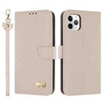 For iPhone 11 Pro Max Metal Bow Leather Phone Case with Hand Strap(Apricot)