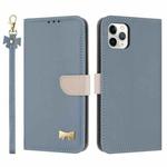 For iPhone 11 Pro Max Metal Bow Leather Phone Case with Hand Strap(Light Blue)