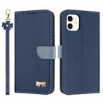 For iPhone 11 Metal Bow Leather Phone Case with Hand Strap(Dark Blue)