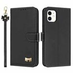 For iPhone 11 Metal Bow Leather Phone Case with Hand Strap(Black)