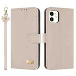 For iPhone 11 Metal Bow Leather Phone Case with Hand Strap(Apricot)