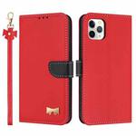 For iPhone 11 Pro Metal Bow Leather Phone Case with Hand Strap(Red)