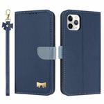 For iPhone 11 Pro Metal Bow Leather Phone Case with Hand Strap(Dark Blue)