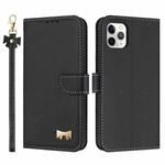 For iPhone 11 Pro Metal Bow Leather Phone Case with Hand Strap(Black)