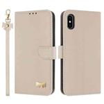 For iPhone X / XS Metal Bow Leather Phone Case with Hand Strap(Apricot)