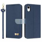 For iPhone XR Metal Bow Leather Phone Case with Hand Strap(Dark Blue)