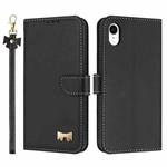 For iPhone XR Metal Bow Leather Phone Case with Hand Strap(Black)