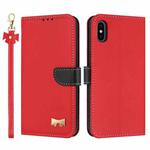 For iPhone XS Max Metal Bow Leather Phone Case with Hand Strap(Red)