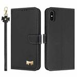 For iPhone XS Max Metal Bow Leather Phone Case with Hand Strap(Black)