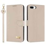 For iPhone 7 Plus / 8 Plus Metal Bow Leather Phone Case with Hand Strap(Apricot)