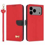 For iPhone 17 Pro Max Metal Bow Leather Phone Case with Hand Strap(Red)