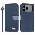 For iPhone 17 Pro Max Metal Bow Leather Phone Case with Hand Strap(Dark Blue)