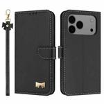 For iPhone 17 Pro Max Metal Bow Leather Phone Case with Hand Strap(Black)