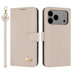 For iPhone 17 Pro Max Metal Bow Leather Phone Case with Hand Strap(Apricot)