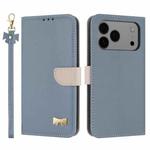 For iPhone 17 Pro Max Metal Bow Leather Phone Case with Hand Strap(Light Blue)