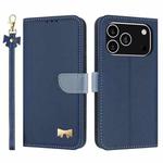For iPhone 17 Pro Metal Bow Leather Phone Case with Hand Strap(Dark Blue)