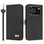For iPhone 17 Pro Metal Bow Leather Phone Case with Hand Strap(Black)