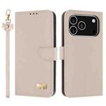 For iPhone 17 Pro Metal Bow Leather Phone Case with Hand Strap(Apricot)