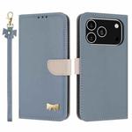 For iPhone 17 Pro Metal Bow Leather Phone Case with Hand Strap(Light Blue)