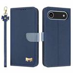 For iPhone 17 Air Metal Bow Leather Phone Case with Hand Strap(Dark Blue)