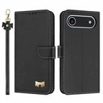 For iPhone 17 Air Metal Bow Leather Phone Case with Hand Strap(Black)