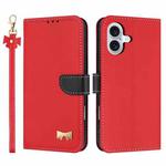 For iPhone 17 Metal Bow Leather Phone Case with Hand Strap(Red)