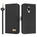 For Fujitsu Arrows F-52B Metal Bow Leather Phone Case with Hand Strap(Black)