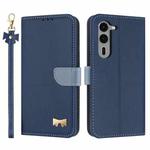 For Fujitsu Arrows We2 Plus F-51E Metal Bow Leather Phone Case with Hand Strap(Dark Blue)