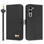 For Fujitsu Arrows We2 Plus F-51E Metal Bow Leather Phone Case with Hand Strap(Black)