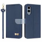 For Fujitsu Arrows We2 F-52E Metal Bow Leather Phone Case with Hand Strap(Dark Blue)