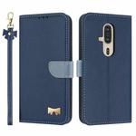 For Fujitsu Rakuraku F-53E Metal Bow Leather Phone Case with Hand Strap(Dark Blue)