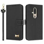For Fujitsu Rakuraku F-53E Metal Bow Leather Phone Case with Hand Strap(Black)
