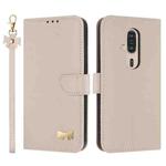 For Fujitsu Rakuraku F-53E Metal Bow Leather Phone Case with Hand Strap(Apricot)