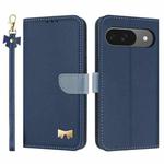 For Google Pixel 10 Pro / 9 Pro Metal Bow Leather Phone Case with Hand Strap(Dark Blue)