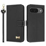 For Google Pixel 10 Pro / 9 Pro Metal Bow Leather Phone Case with Hand Strap(Black)