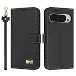 For Google Pixel 10 Pro XL / 9 Pro XL Metal Bow Leather Phone Case with Hand Strap(Black)