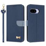 For Google Pixel 9a Metal Bow Leather Phone Case with Hand Strap(Dark Blue)