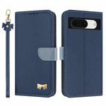 For Google Pixel 8a Metal Bow Leather Phone Case with Hand Strap(Dark Blue)