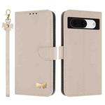For Google Pixel 8a Metal Bow Leather Phone Case with Hand Strap(Apricot)