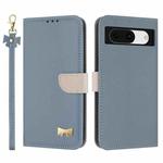For Google Pixel 8a Metal Bow Leather Phone Case with Hand Strap(Light Blue)