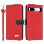 For Google Pixel 7a Metal Bow Leather Phone Case with Hand Strap(Red)