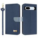 For Google Pixel 7a Metal Bow Leather Phone Case with Hand Strap(Dark Blue)