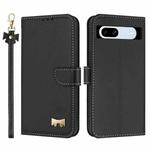 For Google Pixel 7a Metal Bow Leather Phone Case with Hand Strap(Black)