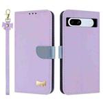 For Google Pixel 7a Metal Bow Leather Phone Case with Hand Strap(Purple)