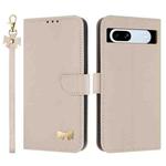 For Google Pixel 7a Metal Bow Leather Phone Case with Hand Strap(Apricot)