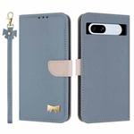 For Google Pixel 7a Metal Bow Leather Phone Case with Hand Strap(Light Blue)