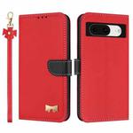 For Google Pixel 8 Metal Bow Leather Phone Case with Hand Strap(Red)