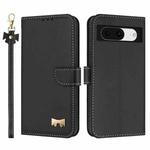 For Google Pixel 8 Metal Bow Leather Phone Case with Hand Strap(Black)