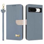 For Google Pixel 8 Metal Bow Leather Phone Case with Hand Strap(Light Blue)