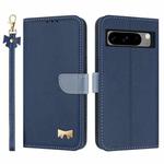 For Google Pixel 8 Pro Metal Bow Leather Phone Case with Hand Strap(Dark Blue)